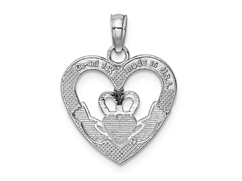 Rhodium Over 14K White Gold Polished/Textured Heart Claddagh Charm
