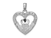 Rhodium Over 14K White Gold Polished/Textured Heart Claddagh Charm