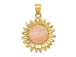 14k Two-tone Gold Polished and Textured Sunflower Pendant