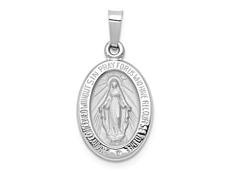 Rhodium Over 14K White Gold Polished and Satin Miraculous Medal Hollow Pendant