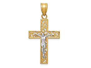 14k Yellow Gold and 14k White Gold Diamond-Cut Small Block Filigree Crucifix Pendant