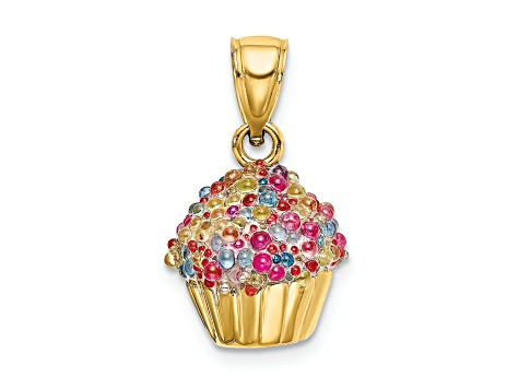 14k Yellow Gold 3D Colored Bead with Icing Cupcake Pendant