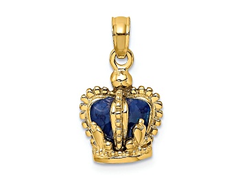 Picture of 14k Yellow Gold Textured with Blue Enamel 3D Crown Charm