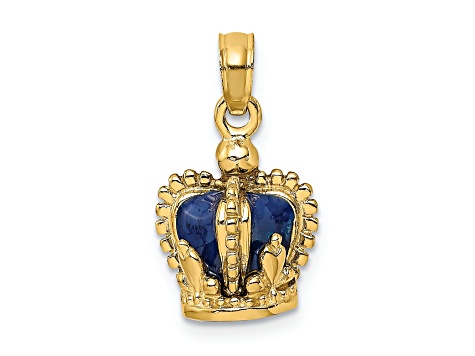 14k Yellow Gold Textured with Blue Enamel 3D Crown Charm