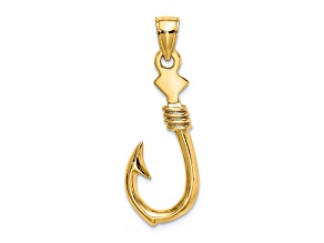 10K Yellow Gold 3D Large Fish Hook with Rope Charm