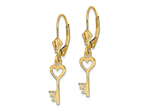 14k Yellow Gold Polished Heart Key Dangle Earrings