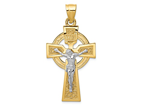 14K Yellow and White Gold Polished Celtic INRI Crucifix Pendant