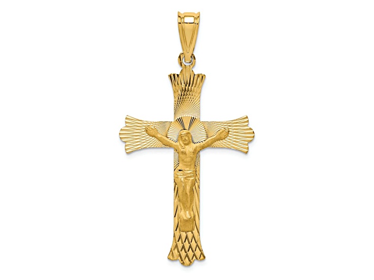 14k Yellow Gold Polished, Satin and Diamond-Cut Crucifix Pendant
