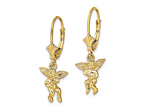 14k Yellow Gold Textured Angel Dangle Earrings