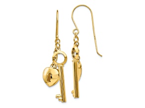 14k Yellow Gold Puff Heart Lock and Key Dangle Earrings