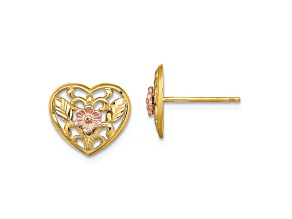 14K Yellow Gold and 14K Rose Gold Polished and Textured Floral in Heart Stud Earrings
