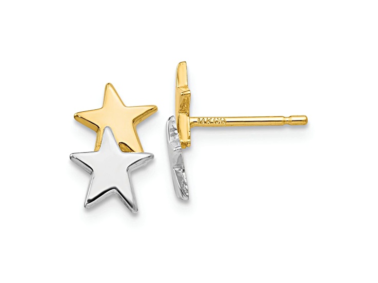 14k Yellow Gold and Rhodium Over 14k Yellow Gold Polished Star Stud Earrings