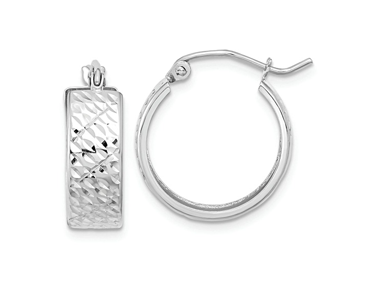 Rhodium Over 14k White Gold Diamond-Cut 11/16" Hoop Earrings