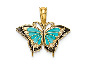 14k Yellow Gold Small Aqua Enamel Wings Butterfly Pendant