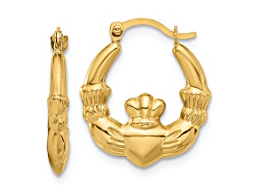 14k Yellow Gold 11/16" Polished and Textured Claddagh Hoop Earrings