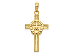 14K Yellow Gold Polished Claddagh Cross Pendant