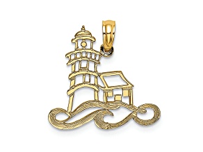 14k Yellow Gold Textured Cut-Out Lighthouse with Water Charm