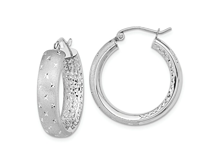 Rhodium Over 14k White Gold 1" Polished Satin and Diamond-cut In/Out Hoop Earrings