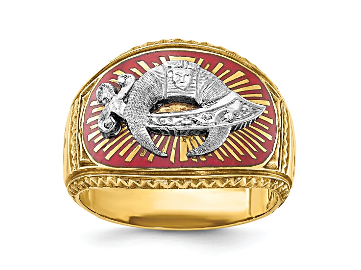 10K Two-Tone Yellow and White Gold Men's Textured and Enameled Masonic Shriner's Ring
