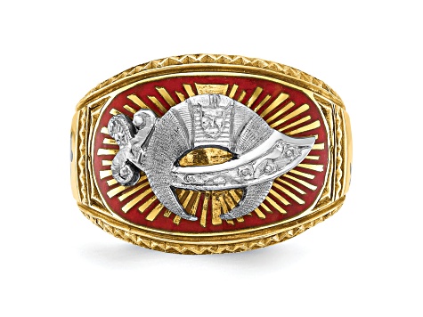 10K Two-Tone Yellow and White Gold Men's Textured and Enameled Masonic Shriner's Ring