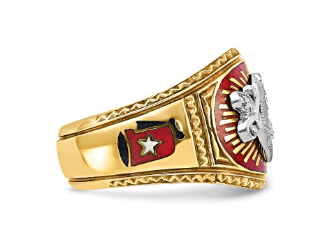 10K Two-Tone Yellow and White Gold Men's Textured and Enameled Masonic Shriner's Ring