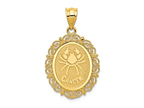 14k Yellow Gold Solid Satin, Polished and Textured Cancer Zodiac Oval Pendant