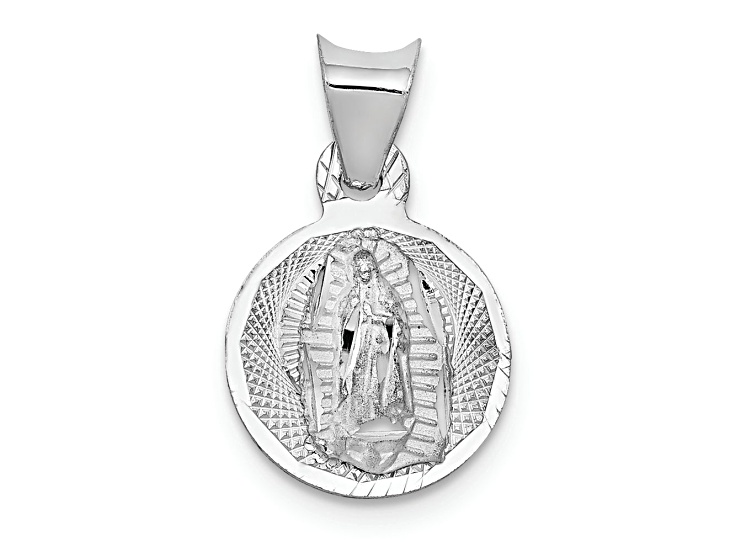 Rhodium Over 14k White Gold Satin, Textured and Diamond-Cut Our Lady of Guadalupe Round Pendant