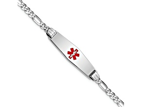 Rhodium Over 14k White Gold Medical Soft Diamond Shape Red Enamel Figaro Link ID Bracelet