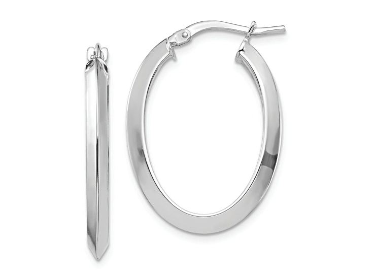 Rhodium Over 14k White Gold 1 1/16" Polished Knife Edge Oval Hoop Earrings