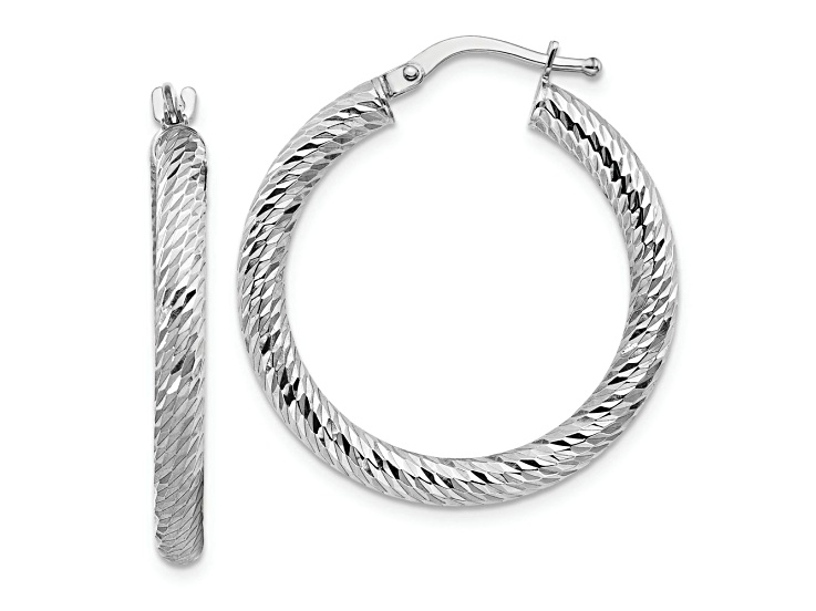 Rhodium Over 10k White Gold 1 1/8" Diamond-Cut Round Hoop Earrings