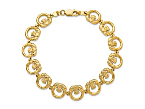 14k Yellow Gold Textured Claddagh Circle Horizontal Link Bracelet