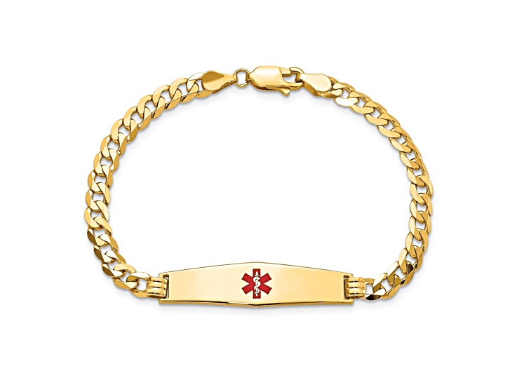 14k Yellow Gold Medical Soft Diamond Shape Red Enamel Flat Curb Link ID Bracelet