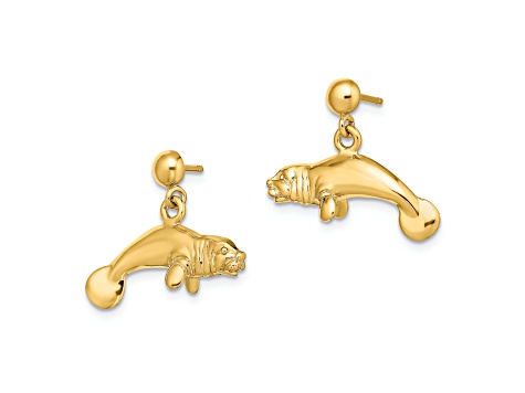 14k Yellow Gold 3D Polished Manatee Dangle Earrings