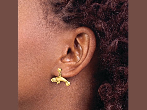 14k Yellow Gold 3D Polished Manatee Dangle Earrings