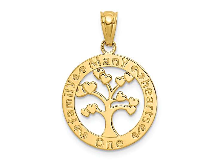 14k Yellow Gold Polished One Family Many Hearts Tree in Circle Pendant