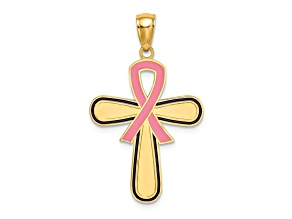 14k Yellow Gold Pink Enameled Breast Cancer Awareness Ribbon with Cross Charm