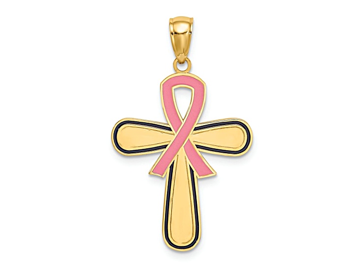 14k Yellow Gold Pink Enameled Breast Cancer Awareness Ribbon with Cross Charm