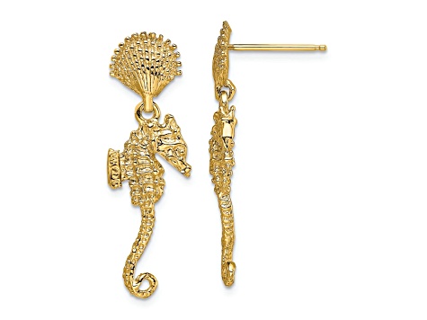 14k Yellow Gold Textured Shell and Seahorse Dangle Earrings