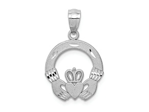 Rhodium Over 14k White Gold Solid Satin and Diamond-Cut Claddagh Pendant