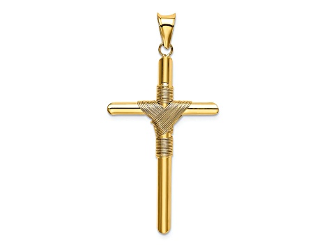 14k Yellow Gold Polished with Center Wrap Tube Cross Pendant