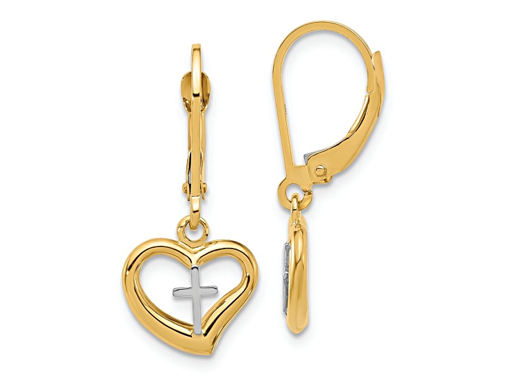 14k Yellow Gold and 14k White Gold Polished Cross in Heart Dangle Earrings