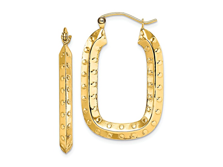 10k Yellow Gold 1 1/4" Polished and Textured Rectangle Hoop Earrings
