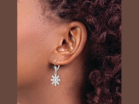 14K White Gold Snowflake Leverback Earrings