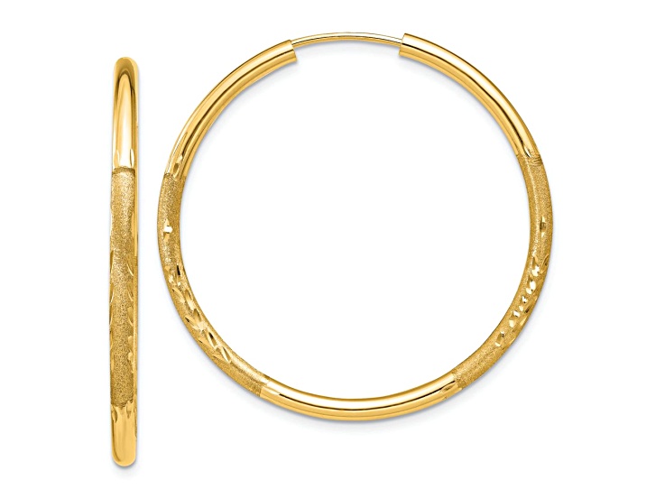 14k Yellow Gold Satin and Diamond-Cut 1 3/16" Endless Hoop Earrings