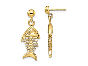 14k Yellow Gold 3D Textured Fishbone Dangle Earrings