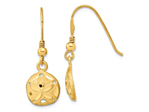 14k Yellow Gold Polished Satin and Diamond-Cut Sand Dollar Dangle Earrings