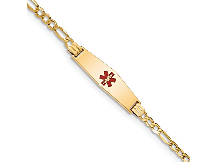14k Yellow Gold Medical Soft Diamond Shape Red Enamel Figaro Link ID Bracelet