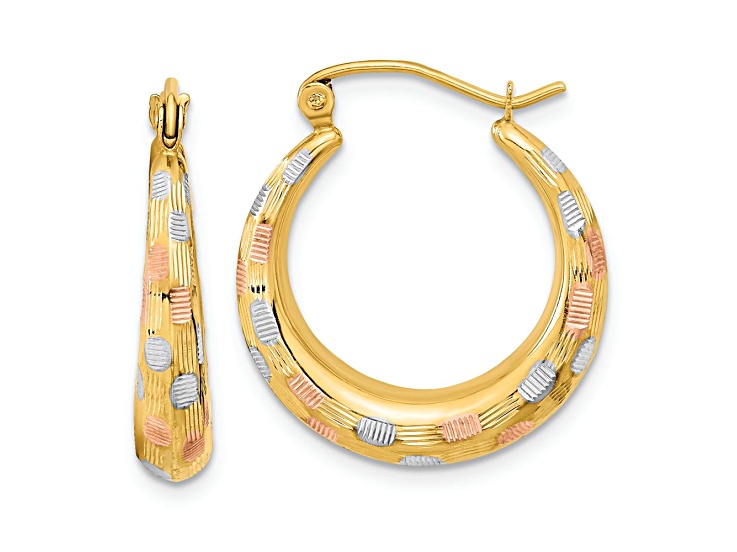 14k Tri-color Gold Polished, Satin and Diamond-Cut 7/8" Hoop Earrings