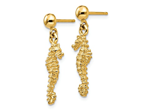 14k Yellow Gold Textured Seahorse Dangle Earrings