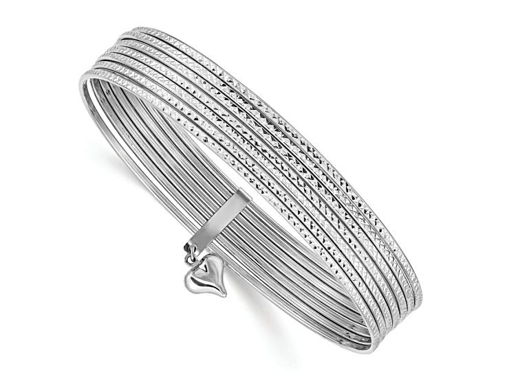 Rhodium Over 14k White Gold Textured Oversized Set of 7 Slip-on Bangles with Dangle Heart